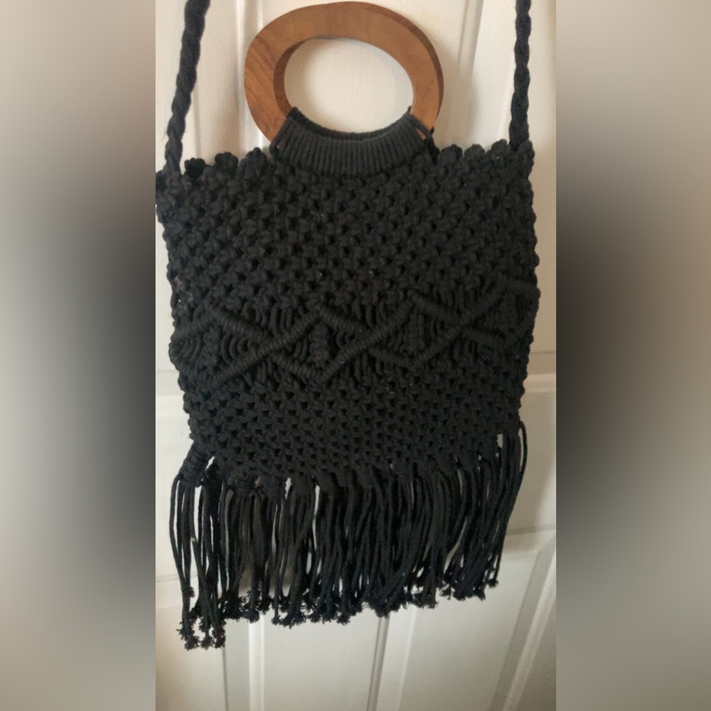 Danielle Nicole Black Fringe Macrame Boho Bag - image 2